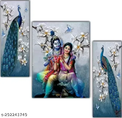 WALLMAX Set of 3 radha krishna uv textured Multi Effect 12 Inch x 18 Inch Painting